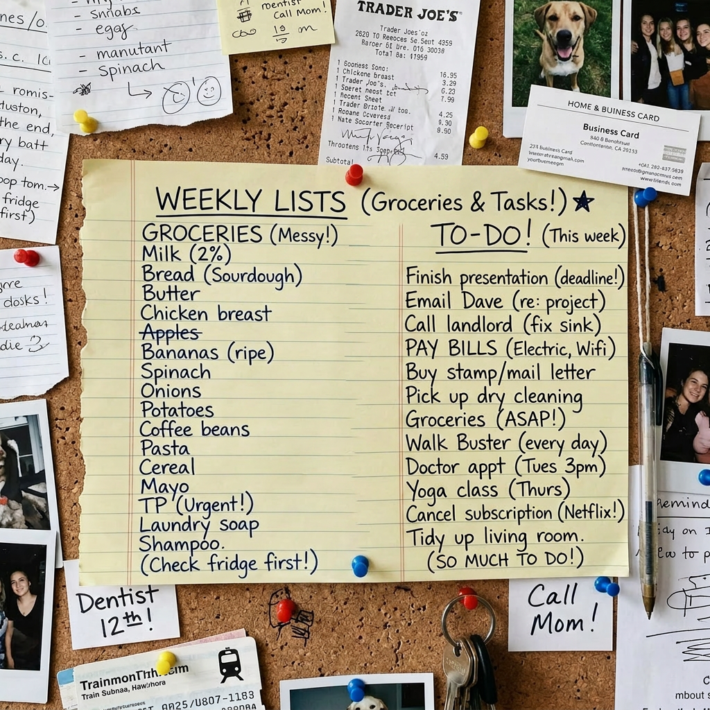 Grocery list and to-do list pinned on a corkboard surrounded by various notes and photos